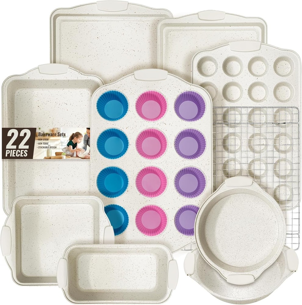 Baking Pans Set Nonstick Bakeware Sets Stackable W/ Silicone Handles 22 Pieces