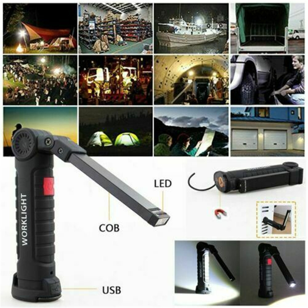 2 Super Bright USB Rechargeable COB LED Work Light Flashlight Folding Torch Lamp