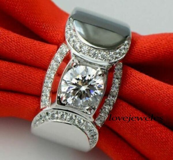 Men's Engagement Wedding Ring 925 Silver 2.2CT Lab-Created Round Cut Diamond