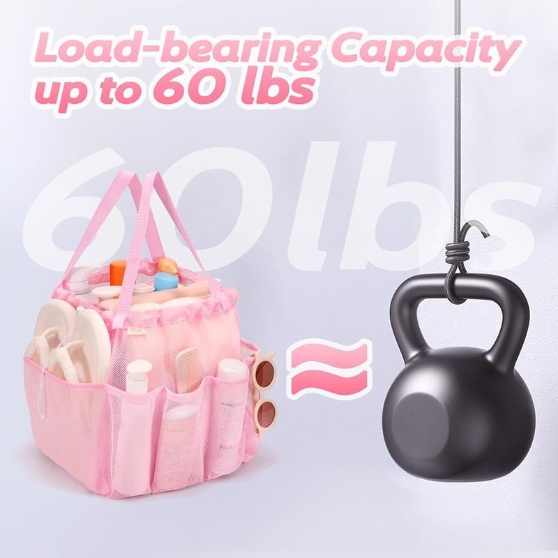 Portable Shower Caddy Drawstring Closure 8 Pockets Quick Dry Mesh Dorm Camping