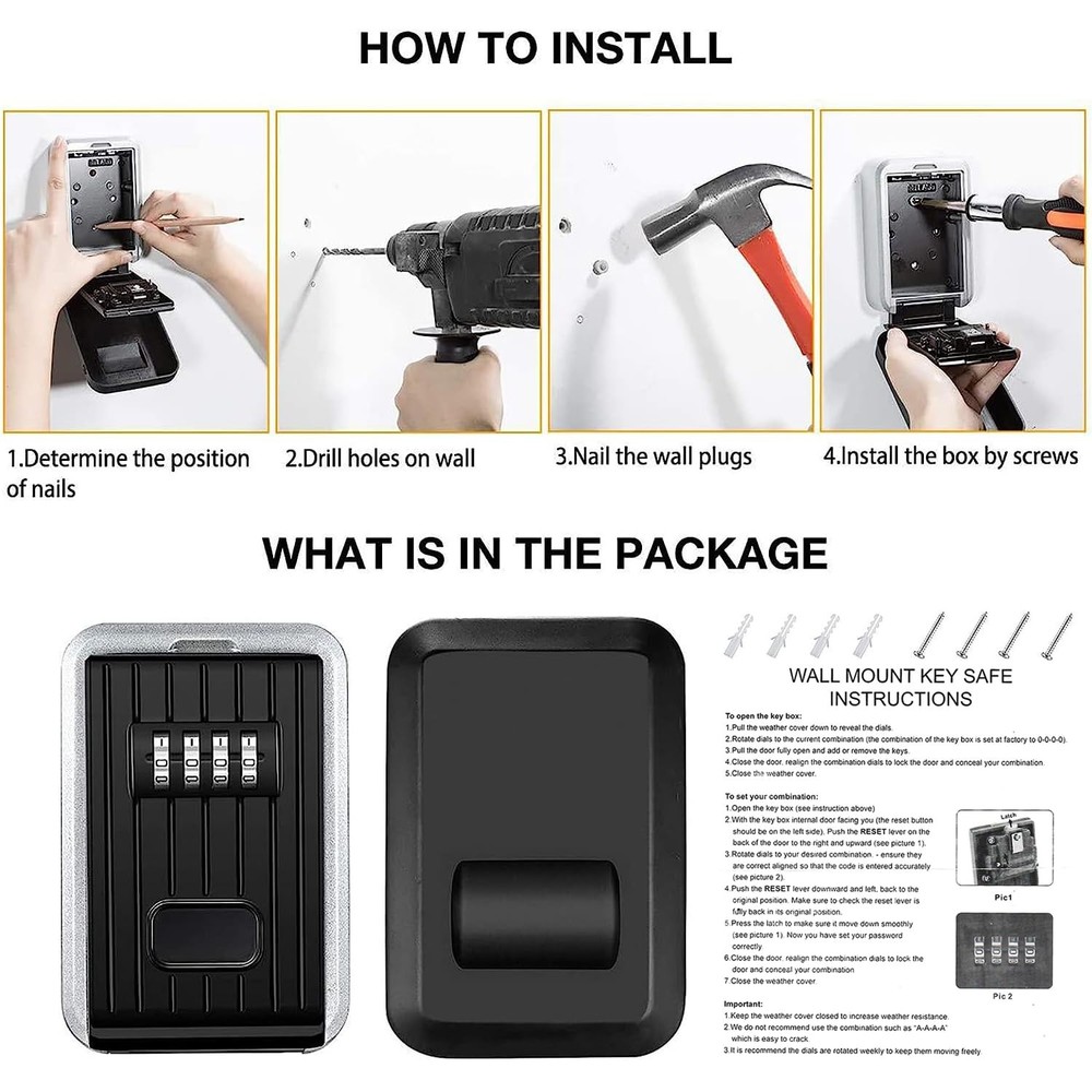 Key Safe Box Waterproof with Combination Lock 4 Digit - Resettable Code Outdo...