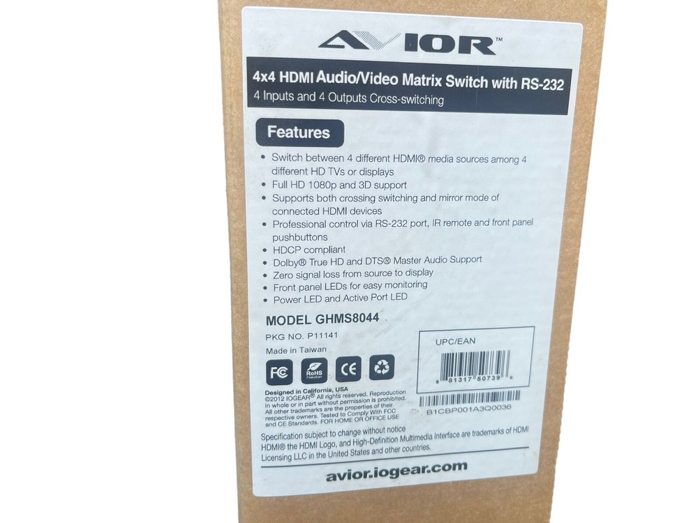 IOGEAR AVIOR Series 4 x 4 HDMI Matrix Switch with RS-232 Interface GHMS8044