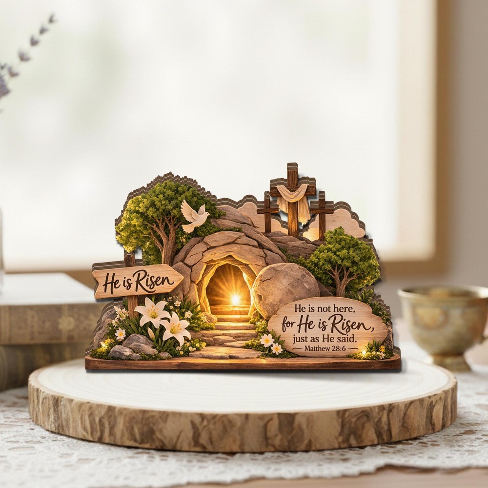 He Is Risen Wooden Block, Christian Easter Table Decor Gift