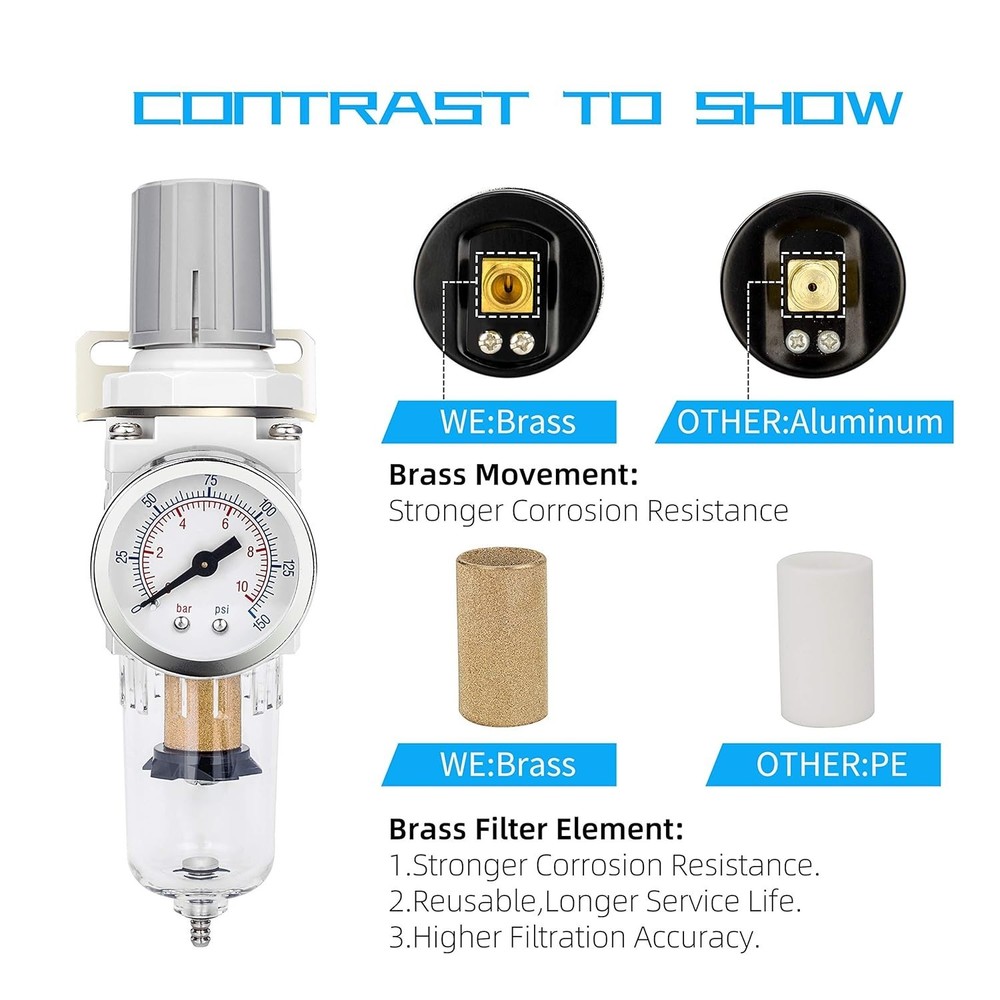 Compressed Air Filter Regulator with Polycarbonate Bowl & Drain Feature
