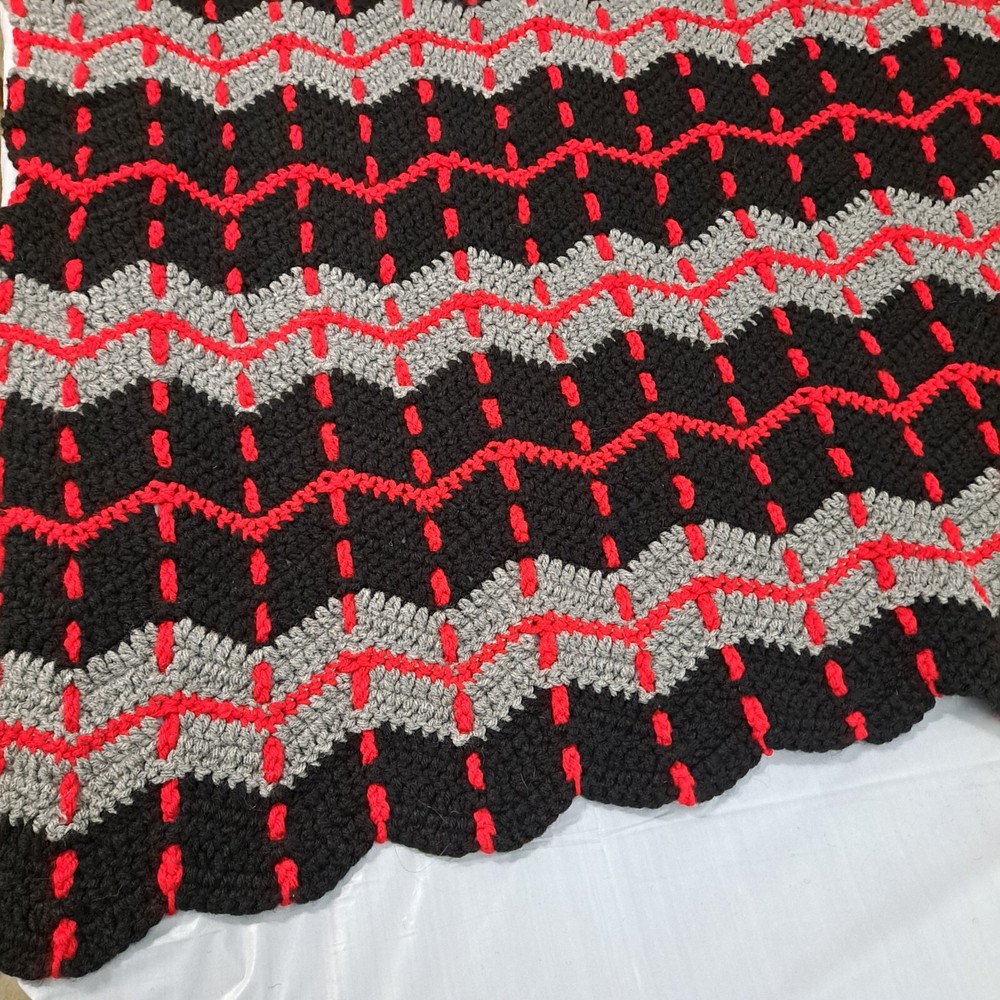 Afghan Blanket Red Black Grey Crocheted Bed Throw 48" x 67"
