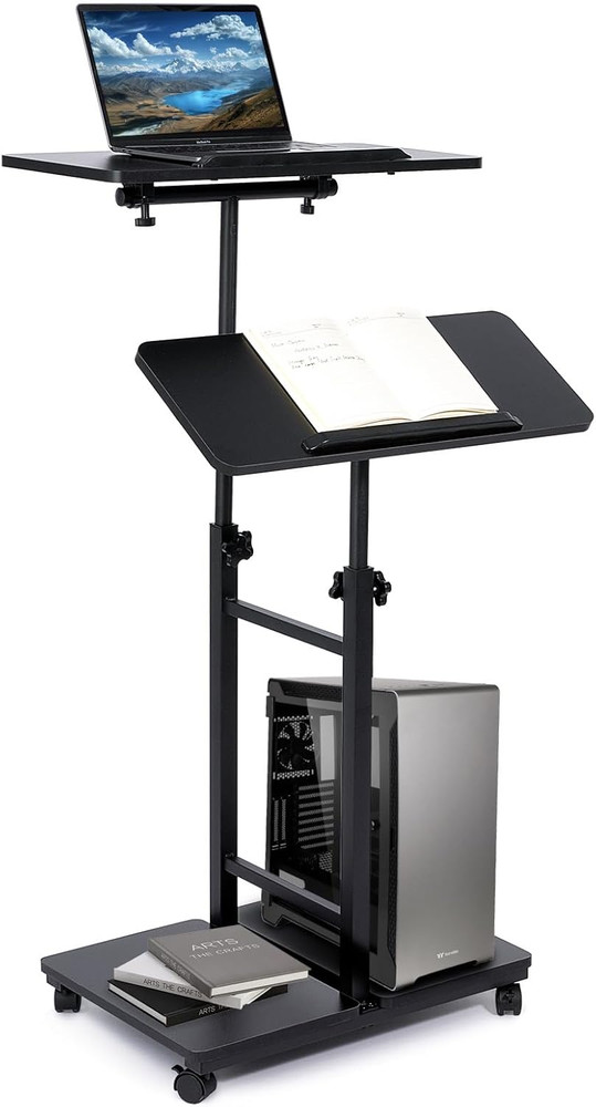 Height Adjustable Mobile Lectern & Rolling Desk with Storage - Black