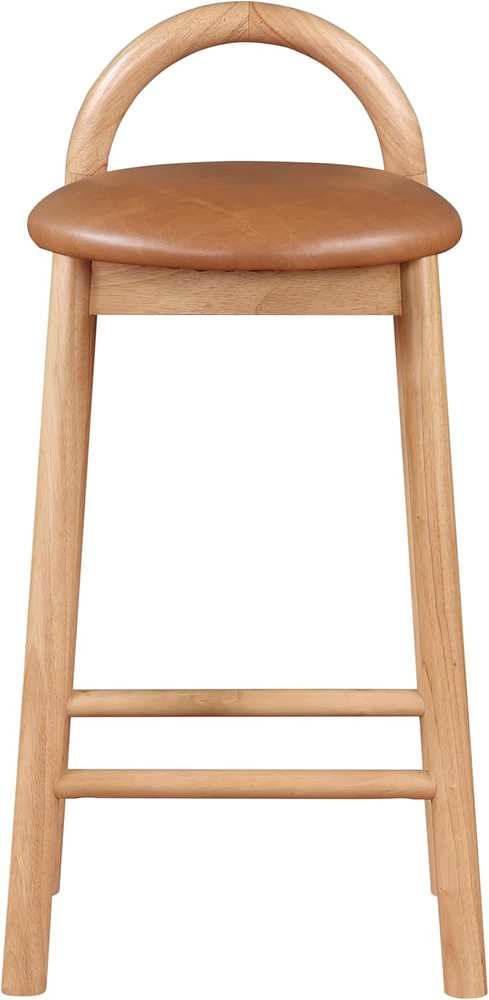Cognac Vegan Leather Mid-Century Modern Stool with Solid Wood Frame