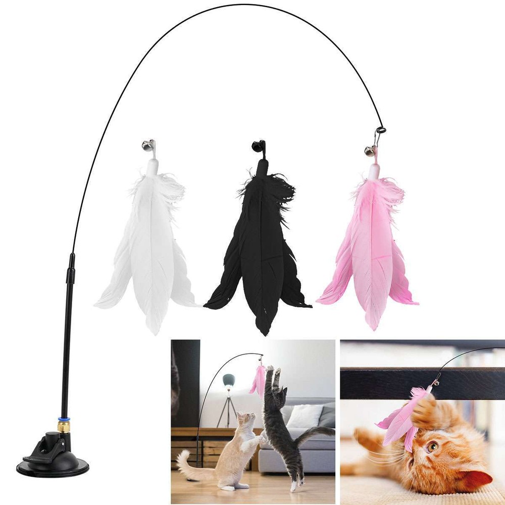 Teaser Wand Toy with Suction Cup Base Feather Bells Cat Teaser Interactive Pet