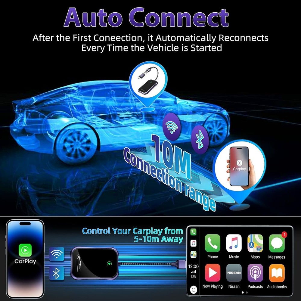 Wireless Carplay Adapter, Convert Wired to Wireless Bluetooth Adapter for iPhone