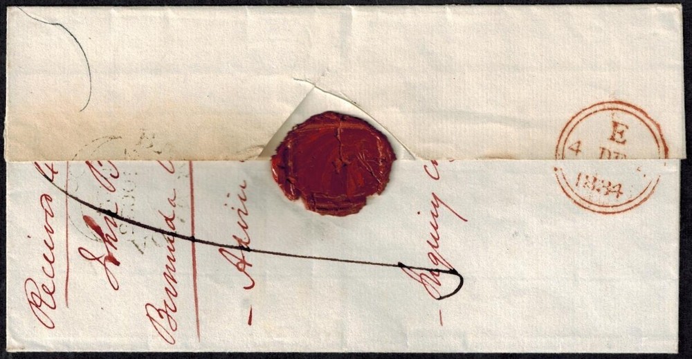 Bermuda 1834 Outer Letter w/ PM 2 RED Front & London Double Circle Receiver Back
