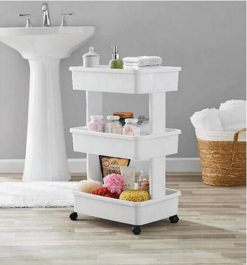3-Tier Plastic Multi-Purpose Rolling Laundry Cart, Arctic White, Case Pack 1