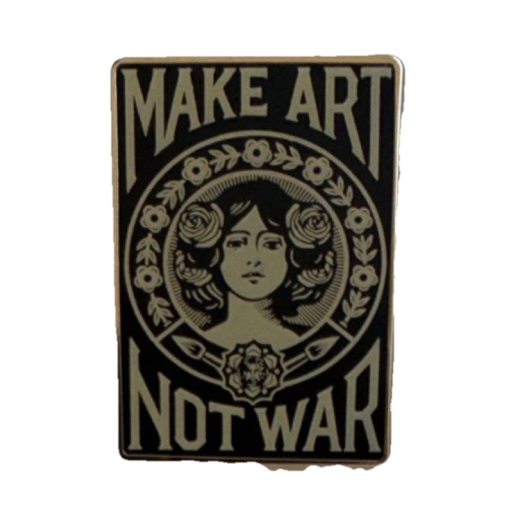 Make Art Not War Rectangular Black Silver Pinback Collectible Lapel Accessory