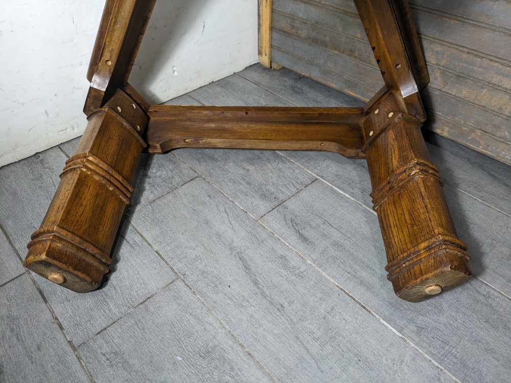 Vintage Rustic Carved Oak Wood Triangular Side Table Spanish Colonial Style