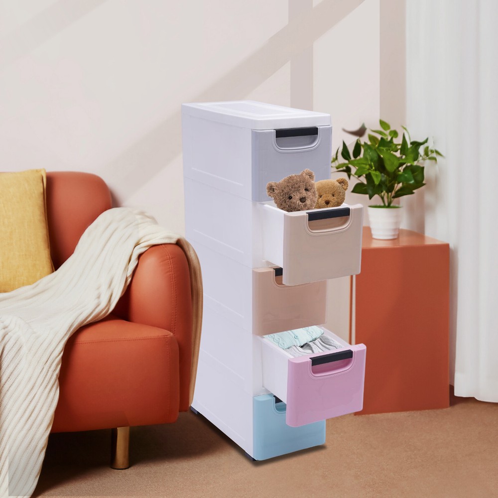 Plastic Storage Cabinet w/5 Drawers, Stackable Vertical Clothes Storage Box PP