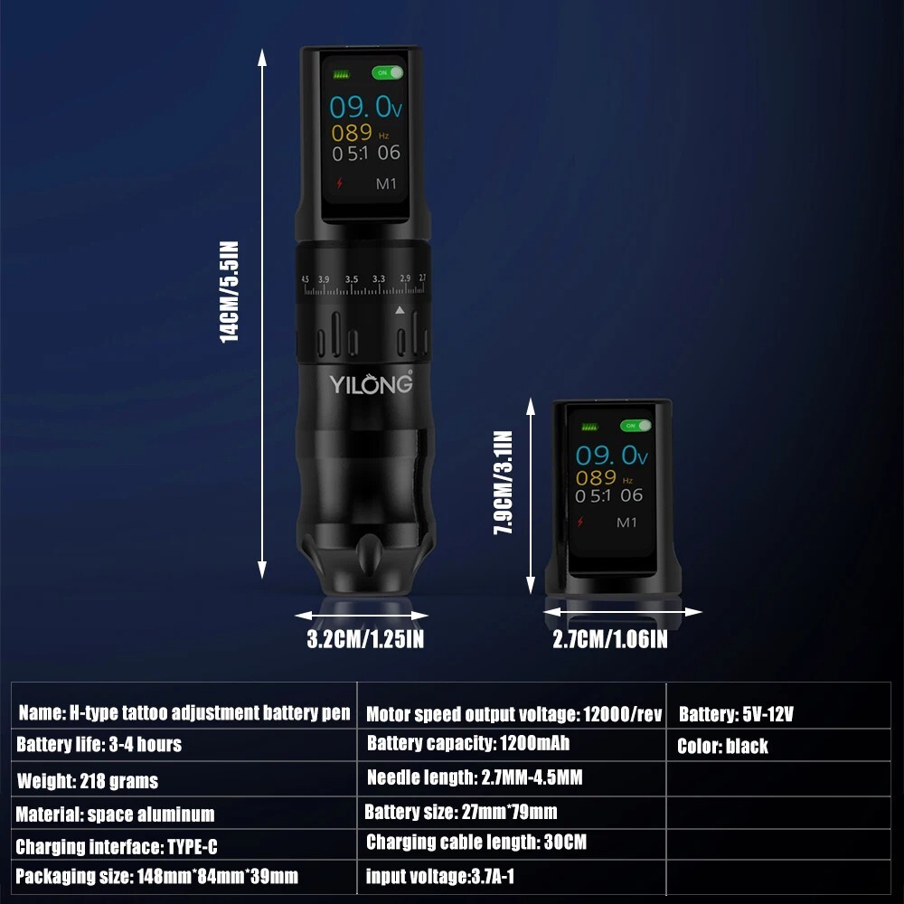 H-Type Pro Wireless Tattoo Machine Adjustable Stroke Pen Kit LED Display PMU