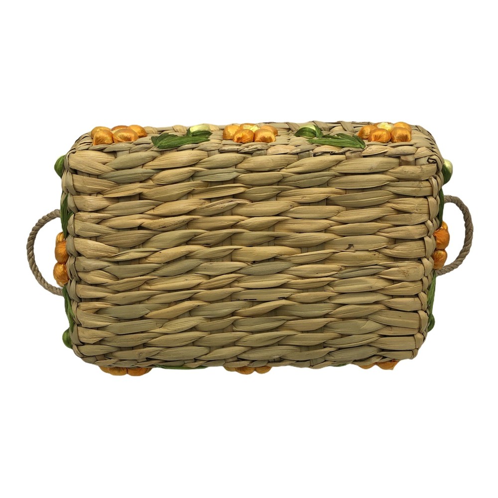 Vintage Handmade LINROSE Floral Rectangular Serving Basket Raffia Wicker