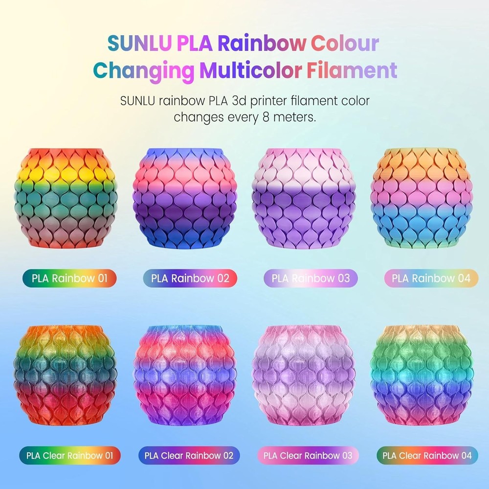 250g Rainbow PLA 3D Printer Filament Bundle Multicolor, Neatly Wound Gradient...