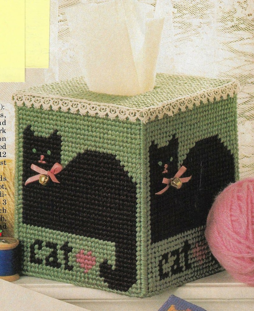 VICTORIAN CAT TISSUE COVER HOME DECOR PLASTIC CANVAS PATTERN INSTRUCTIONS