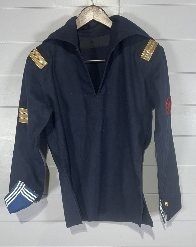 1970s Vintage Soviet Navy Russian Uniform Jacket Coat Pullover Blue Patch