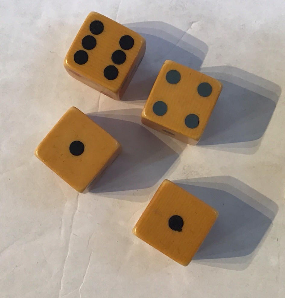 Antique Tri Color Dice And Broken Snap Box