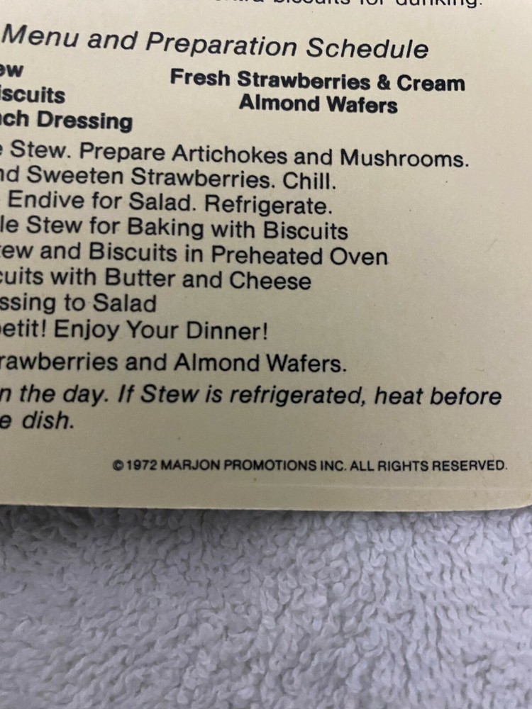 RECIPES "DINNER IS SERVED" 1972 MARJON PROMOTIONS