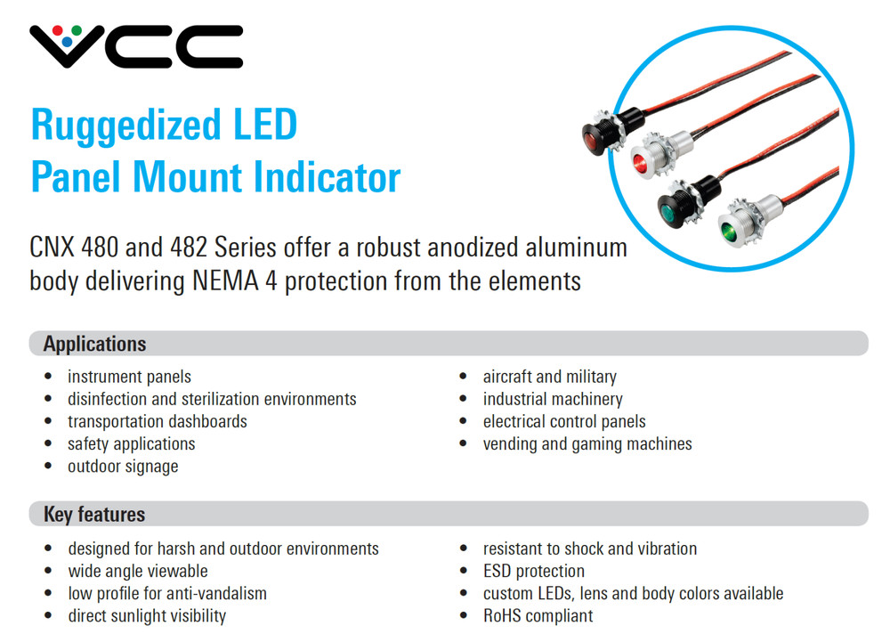 VCC Rugged Aluminum Panel Mount LED Indicator, for 10mm hole, RED, 1/2" OD