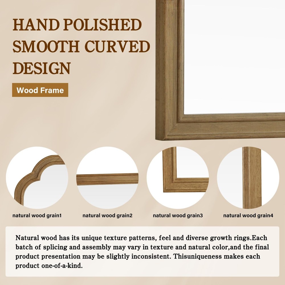 Wood Frame Wall Mirror Rounded Corner Arch Rectangle Mirror for Entryway, Liv...