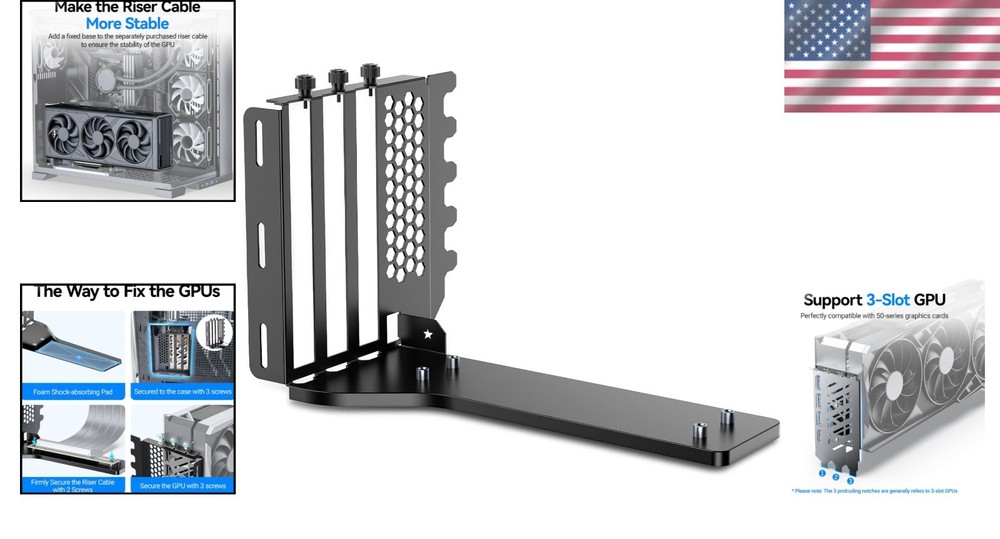 Stylish Black Vertical GPU Holder for Secure PCIe Mounting - Brushed Design