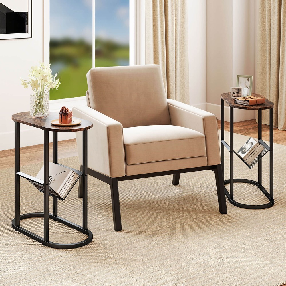 2 PCS Industrial Side Table End Coffee Table Compact Nightstand with Mesh Shelf