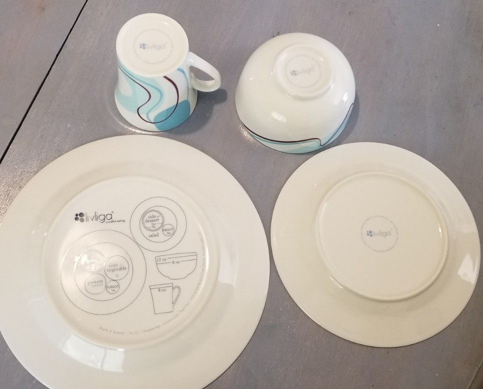 Livliga Halsa Portion Control Place Setting 4 Piece Art Deco Pattern Ceramic HTF