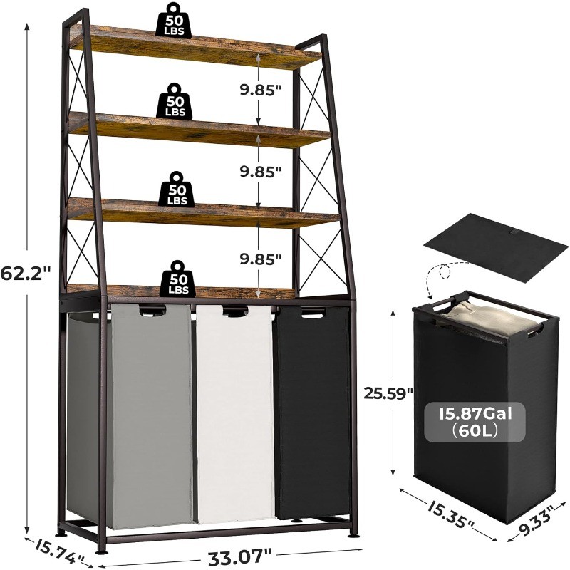 Basket, 3 Section Laundry Hamper with 4 Tiers Shelf, Pull-Out
