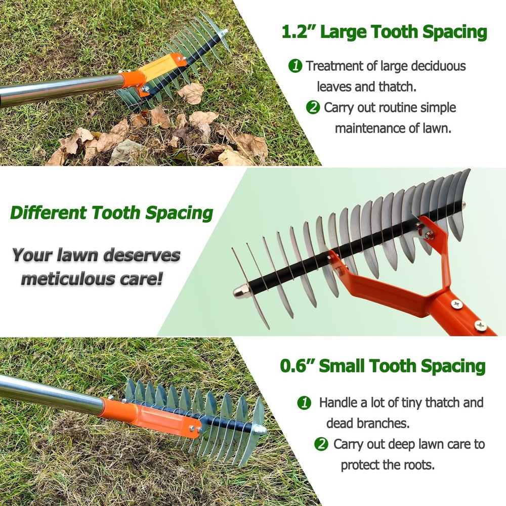 Thatch Rake with 68" Adjustable Handle,14" Dethatching Rake for Lawns – Re