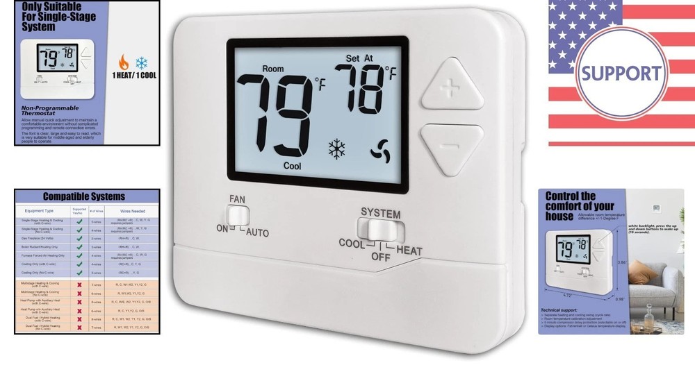 Non-Programmable Digital Thermostat for Single-Stage Systems, 1 Heat/1 Cool