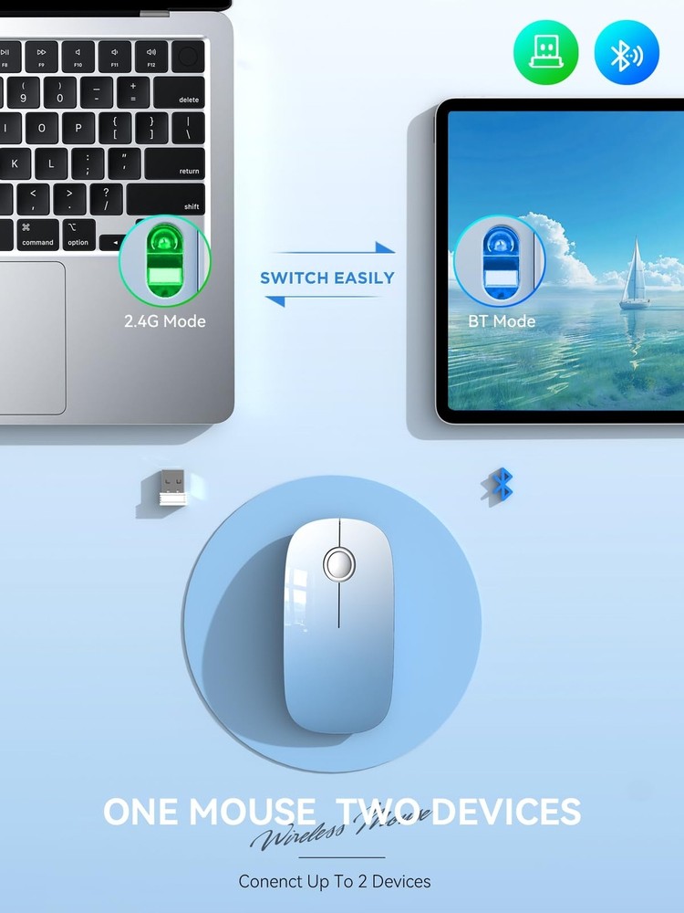 Bluetooth Wireless Mouse - (BT5.1+USB) Dual Connectivity, Quiet Click, Low Po...