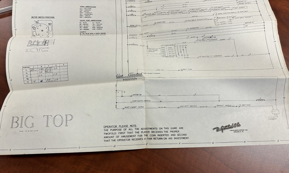 ORIGINAL-GOTTLIEB-PINBALL-BIG TOP-SCHEMATICS