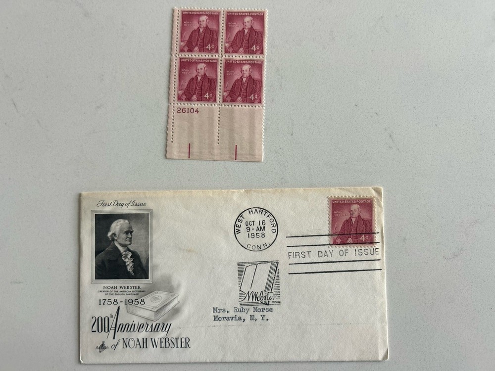 👉 1958 Noah Webster FDC Scott 1121 + Plate Block Dictionary History Set