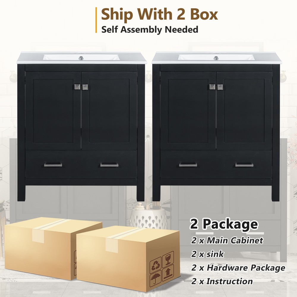 60" Black Bathroom Vanity Set with Double Vanities , Double Ceramic Sinks, Sto