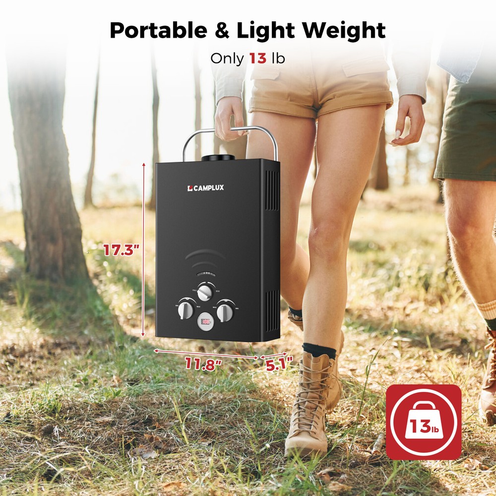 6L Portable Camplux Gas Water Heater 1.58 GPM Instant Hot Outdoor Shower Black