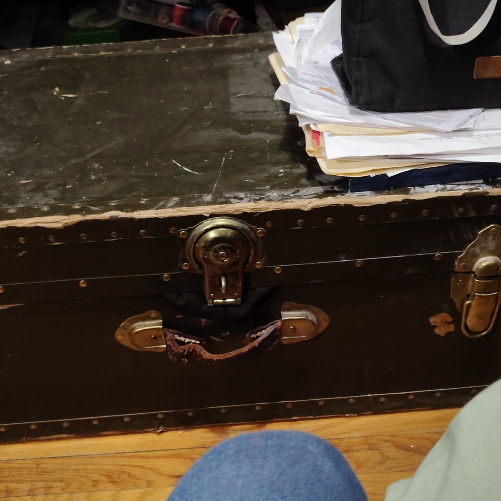 Antique Brown Metal Lockable Trunk with Brass Hardware