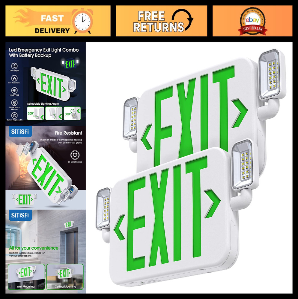 Emergency Exit Sign Light Combo with Adjustable Heads & Backup Battery - 2 Pack