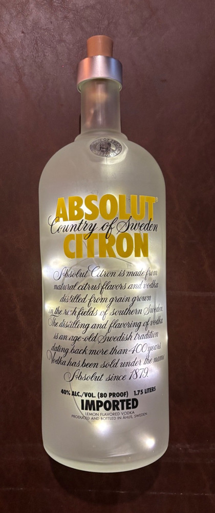 Frosted Absolut Citron Vodka Empty Bottle with Lights. Display