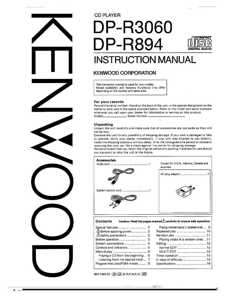 Kenwood DPR-894 CD Player Owners Instruction Manual