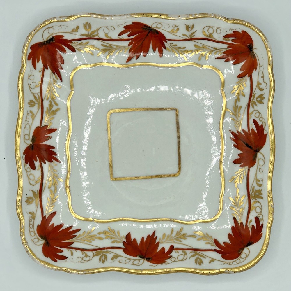 Antique Ironstone Shallow Square Dish w/ Orange & Gold Leaf Pattern /b