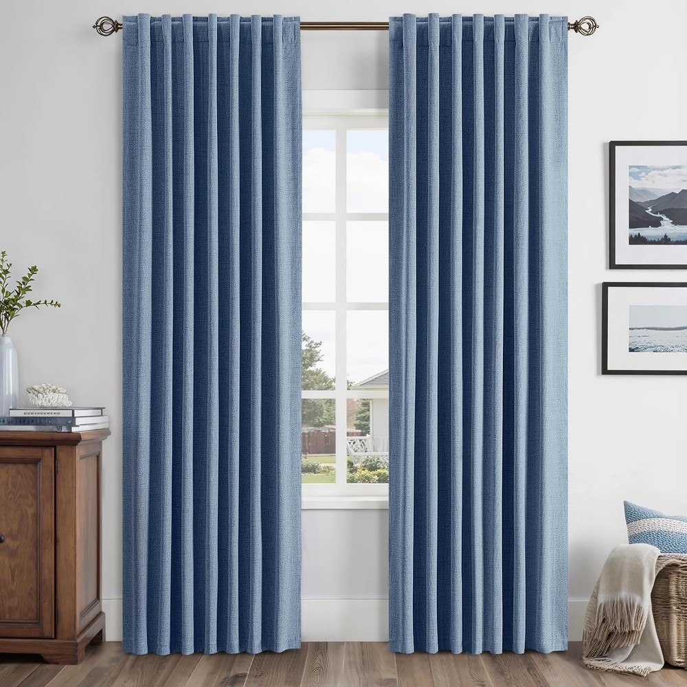 100% Blackout Linen Curtains Greyish White Solid Decor Thermal Insulation
