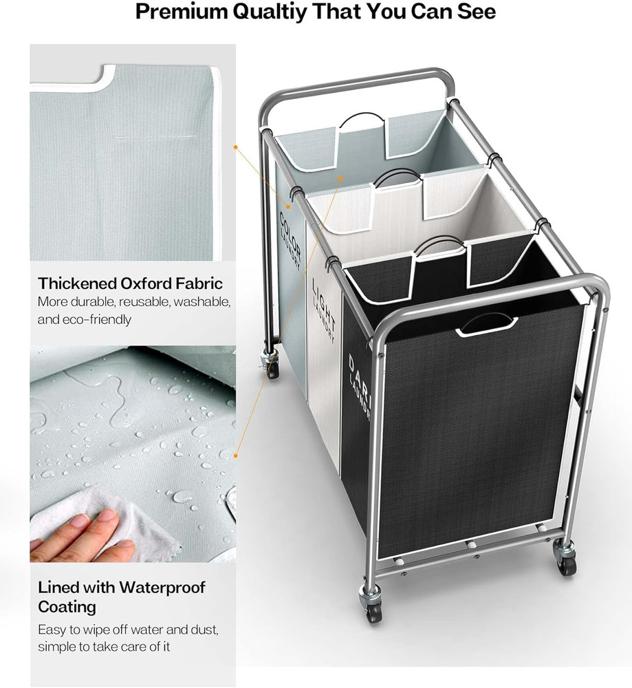 Laundry Sorter Hamper 3 Section, Divided Laundry Basket Organizer with Heavy Dut