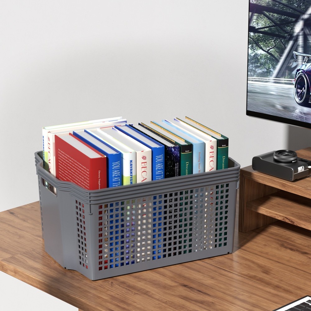 6-Pack Stackable Plastic Woven Basket Organizer, Stacking Storage Basket, Grey