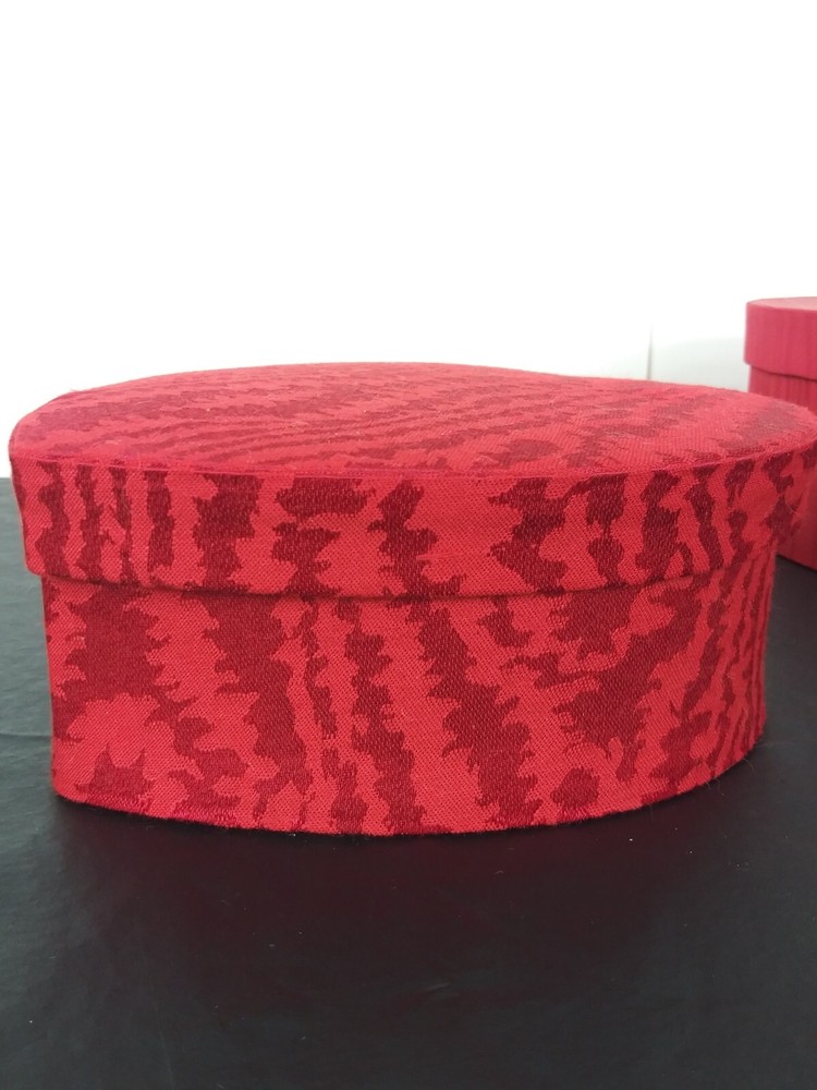 2 Red Fabric Covered Stacking Nesting Heart Boxes Satin Moire & Brocade Wedding