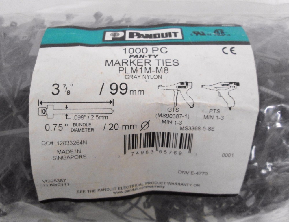 (≈775) Panduit PLM1M-M8 Grey Nylon Marker Ties