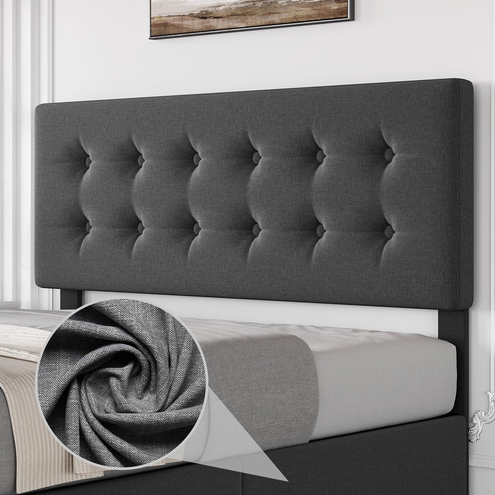 Full Size Bed Frame ,Modern Linen Upholstered Platform w/4 Storage Drawers Gray