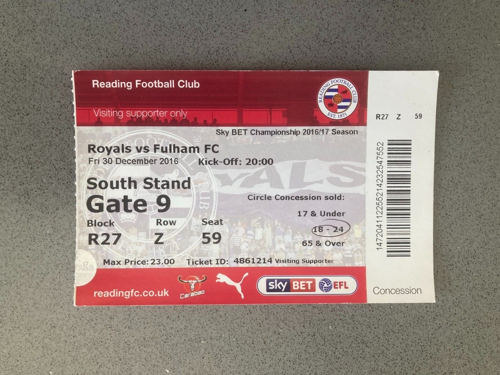 Reading v Fulham 2016-17 Match Ticket